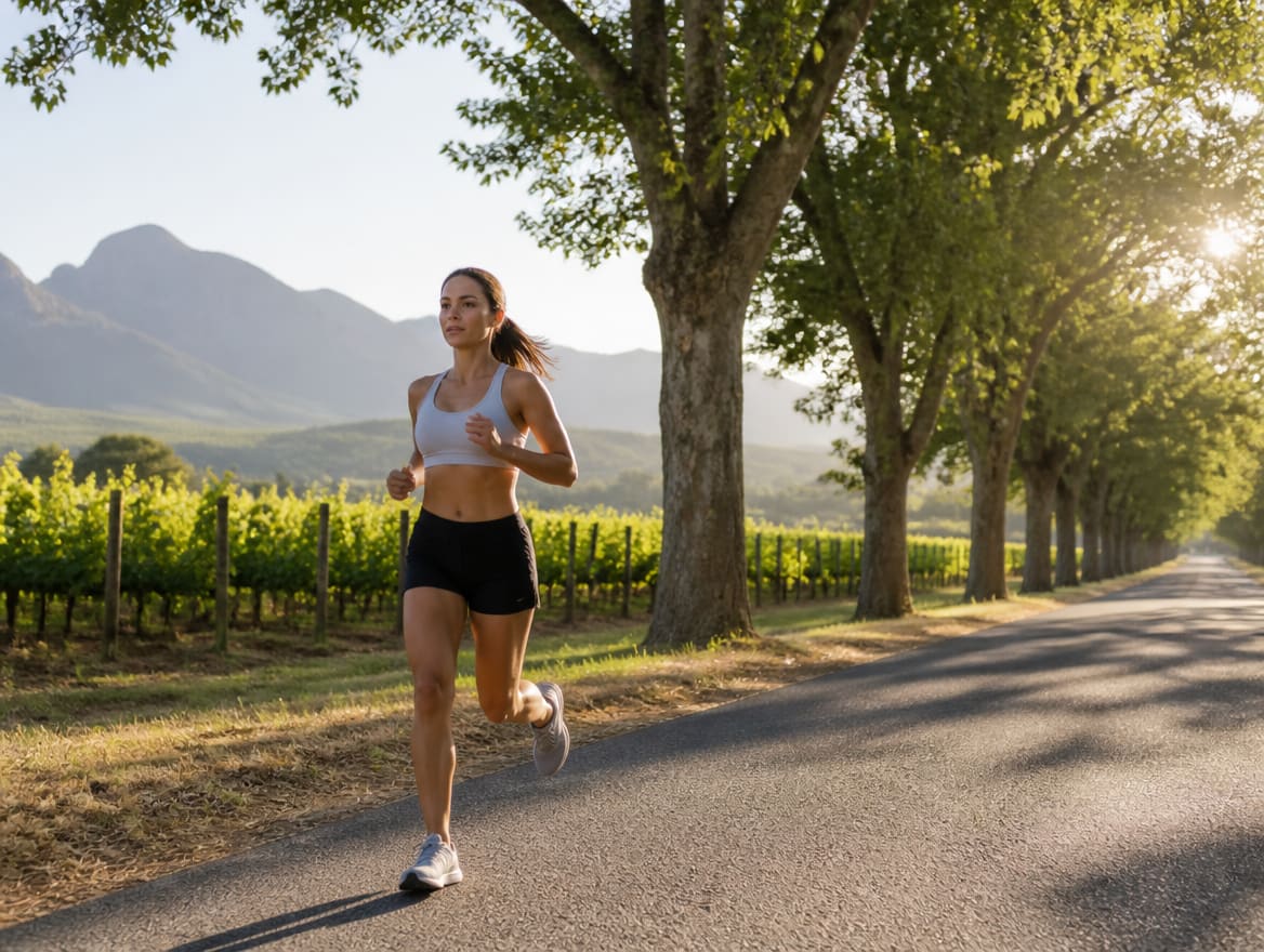 Woman running along a tree-lined Stellenbosch road