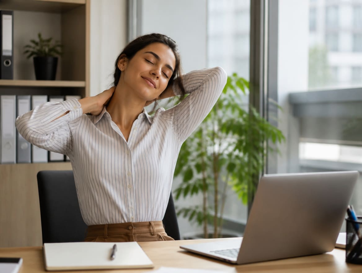 Woman at a desk pausing to stretch her neck and shoulders