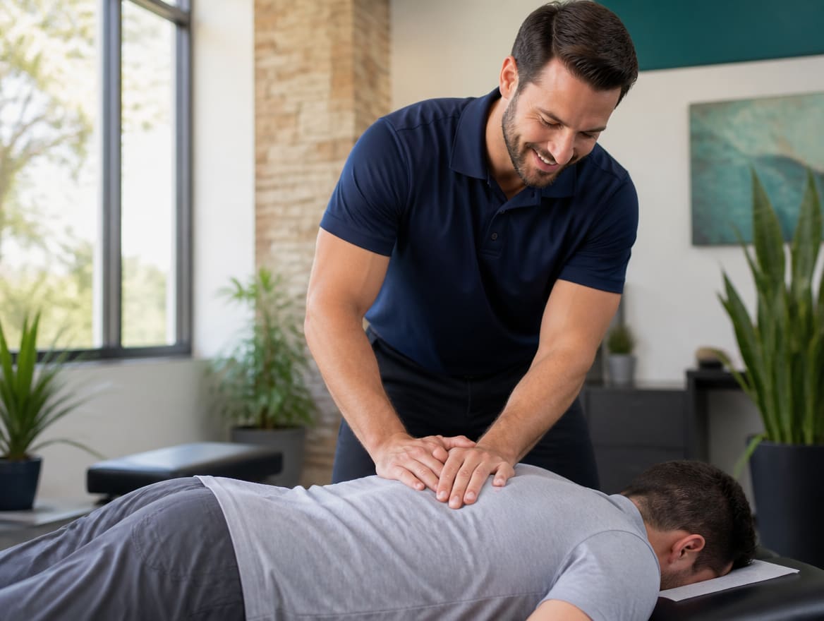 Chiropractor providing a spinal adjustment to a patient in a bright, modern treatment room