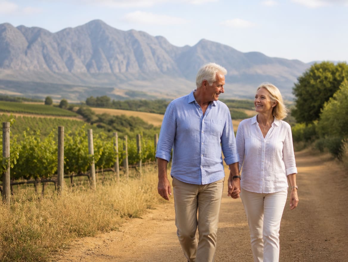Older couple walking together outdoors near the Stellenbosch mountains
