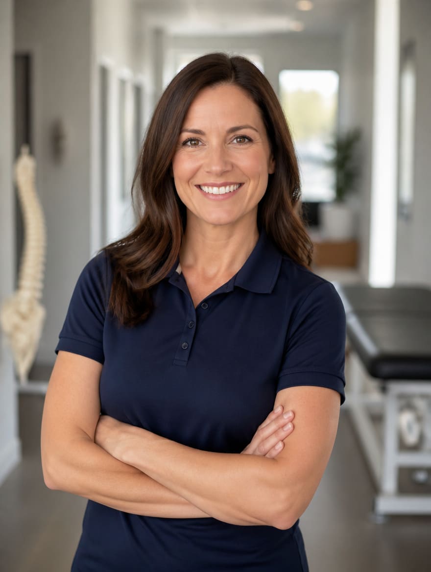 Portrait of Moira Robertson, chiropractor at Stellenbosch Chiro, in a navy practice polo shirt