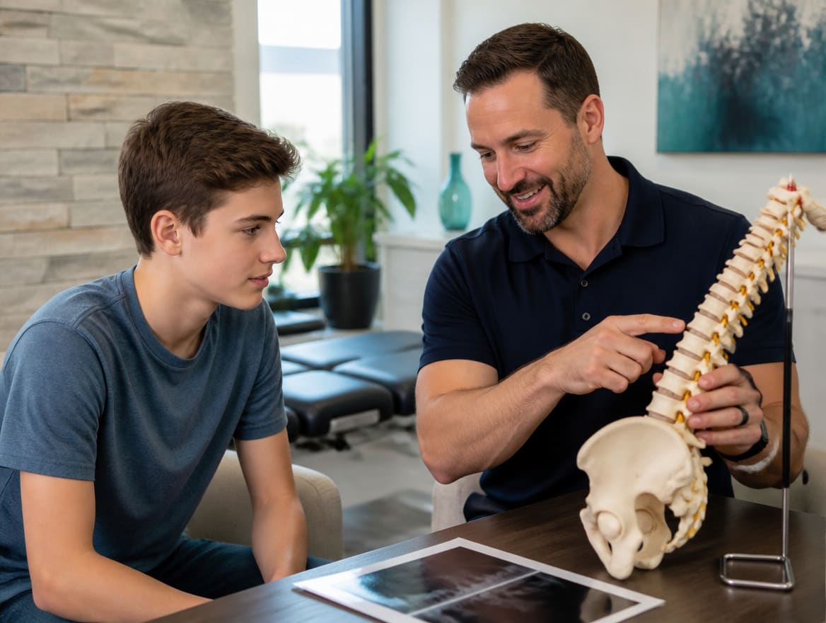 Chiropractor reviewing a spinal assessment with a young patient in a bright consultation room
