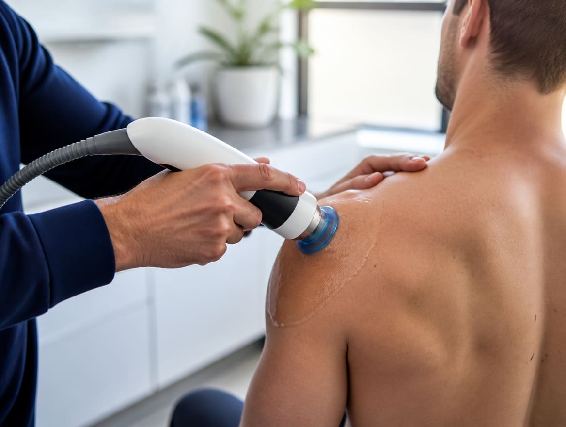 Chiropractor applying extracorporeal shockwave therapy to a patient's shoulder